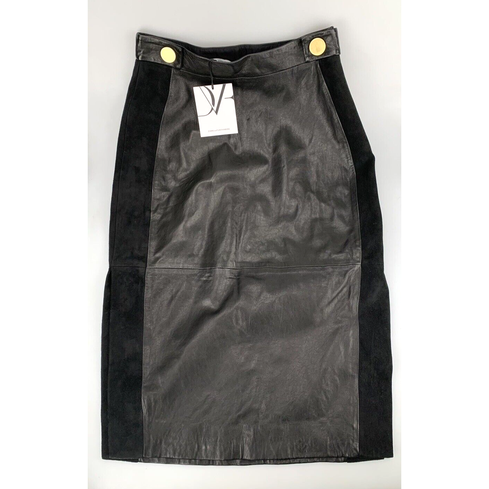 Diane Von Furstenberg Dvf Leather Panel Acmis Long Skirt Black Suede Size 2 New